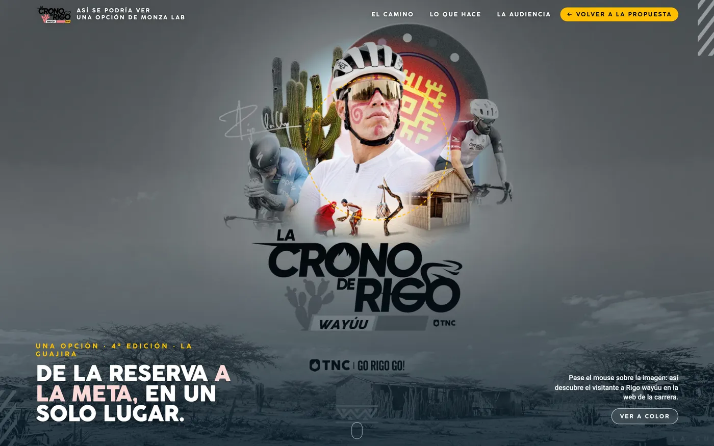 La opción de la web de la Crono: Rigo en blanco y negro que se vuelve a color alrededor del mouse