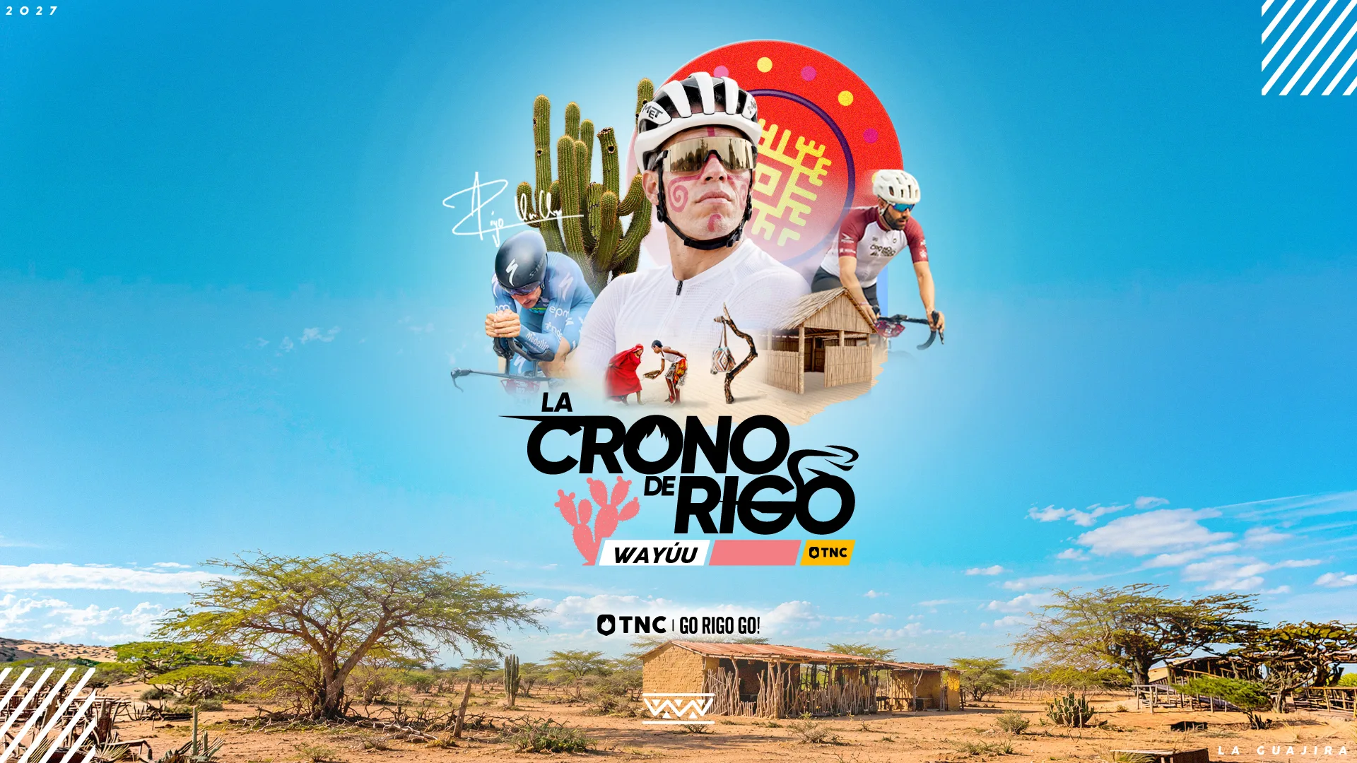 Key visual de La Crono de Rigo Wayúu 2027: Rigo con la pintura wayúu, el desierto de La Guajira y el logo de la carrera
